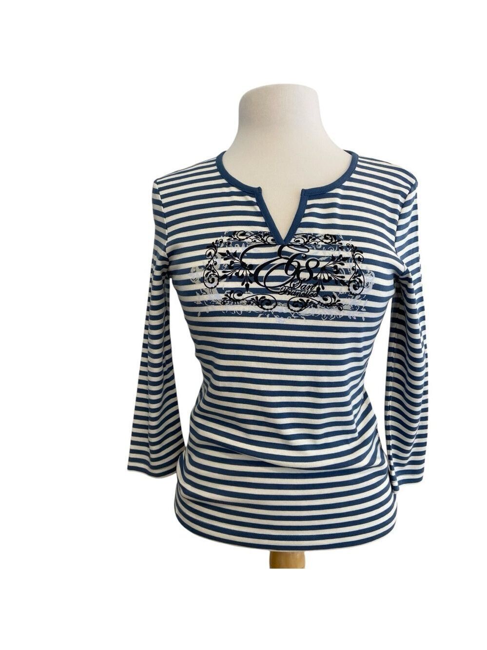 NWT esprit stripped nautical shirt 3/4 sleeves medium 100% cotton jersey V neck